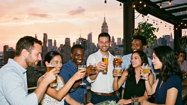 Joyful Diverse Friends Toasting Beer on Lively NYC Rooftop Bar at Sunset