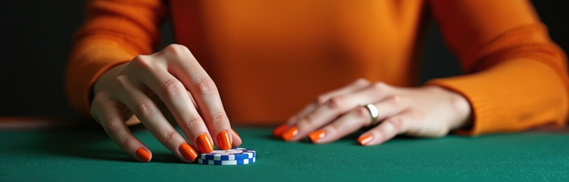 Woman with orange nails places blue white poker chip on green casino felt table. She wears an orange sweater and a ring. It is an indoor game of chance.