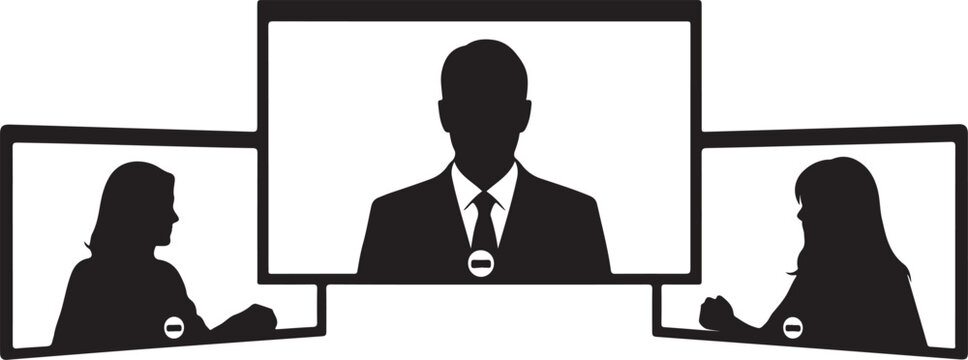 Three silhouettes of people appearing on screens during a professional business video conference call