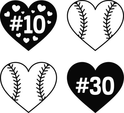 Four heart shaped baseball icons with numbers and stitching  