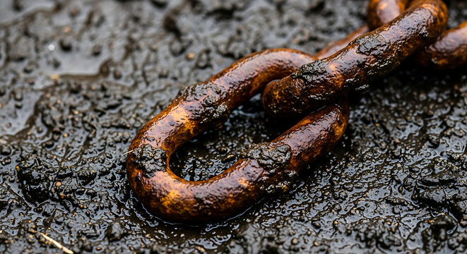 Rusty chain link on muddy ground.