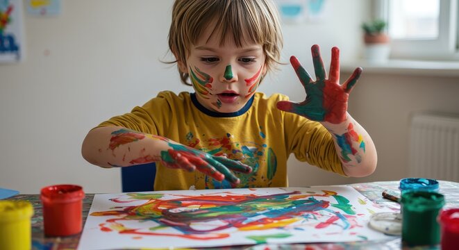 Young child covered in colorful paint creating art on a table