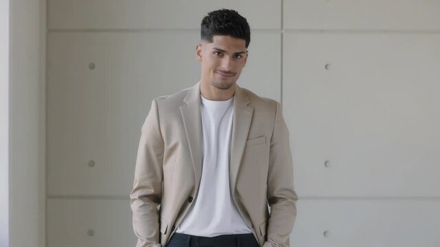 Confident man wearing a light brown suit jacket over a white t-shirt, posing indoors with a neutral background
