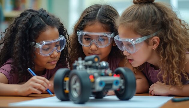 Three young girls wearing safety goggles work together on a robot car in a classroom setting. They are focused on the project, learning and collaborating. Science education promotes STEM skills.