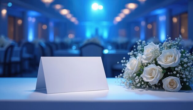 White blank card sits on table with roses. Soft blue light illuminates elegant event space. Ideal for wedding seating plan name card placeholder.