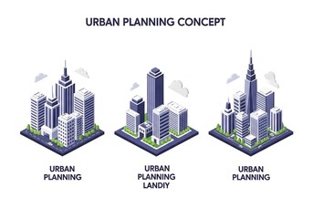 Fototapeta premium Set of isometric urban planning concepts with modern skyscrapers and city buildings isolated on white background