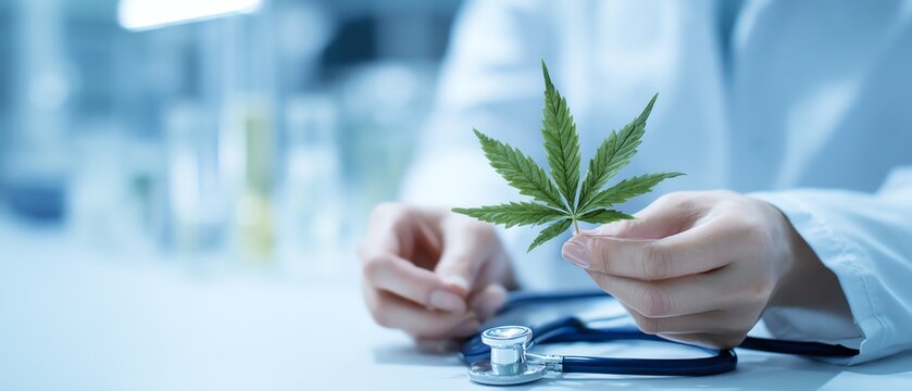 Hands holding a cannabis leaf in laboratory.