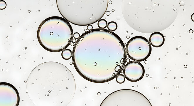 Abstract macro photography showing various circular oil droplets floating in water creating vibrant rainbow light reflections on a bright surface