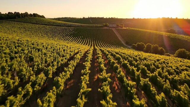 Golden Sunset Over Rolling Vineyard Landscape.