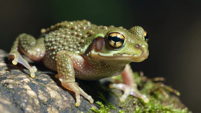 A green frog perches on a mossy rock in a natural setting looking right.