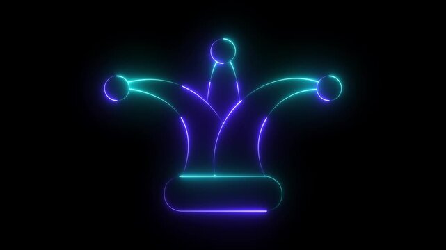 Glowing neon Jester joker Hat Icon Animation on Black Background. Neon Clown Hat with Bells. Casino gambling. Colorful Circus Festival, Masks and Party Elements, carnival character animation