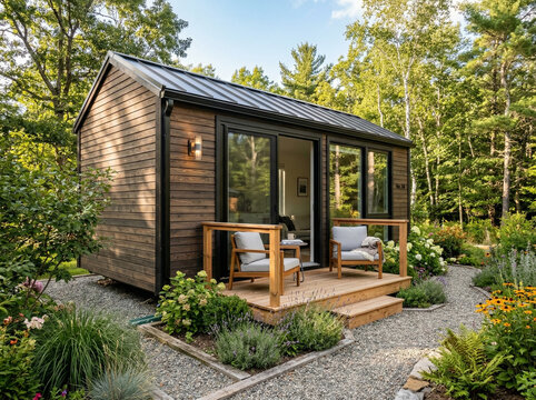 A small, modern wooden cabin with a black metal roof and a cozy porch with two chairs, situated in a serene forest garden with vibrant flowers and lush greenery under a clear blue sky.