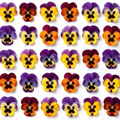 Obraz premium Colorful pansy flowers in purple yellow and orange shades arranged in neat rows on white background. These pansies are blooming bright and beautiful nature plants.