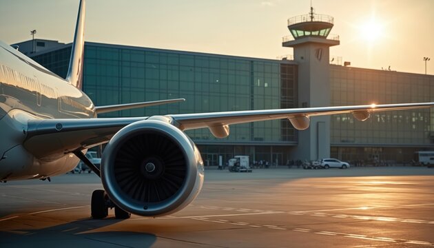 Commercial airplane parked on tarmac near modern airport terminal building. Closeup on jet engine and wing during sunset. Air travel logistics. Airport scene.