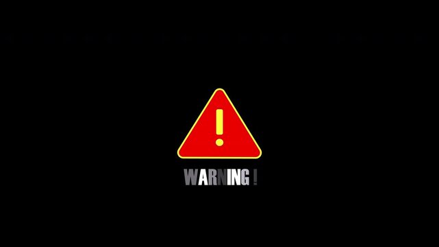 Animated warning alert sign with blinking text designed for safety messages, system alerts, and caution notifications. Includes transparent background for easy overlay in video editing, motion graphic