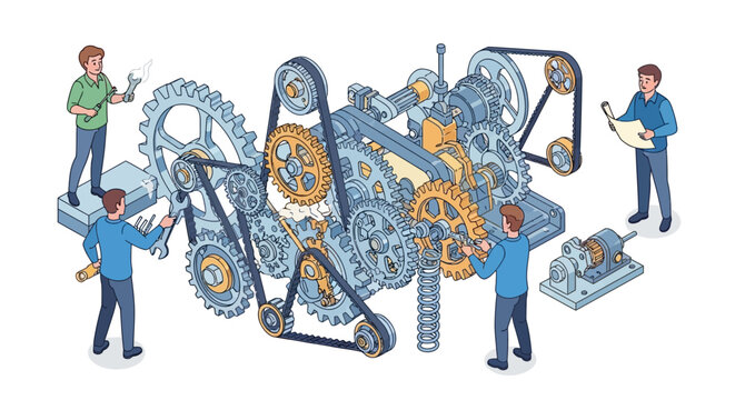 Illustration of engineers working with large mechanical CAD assembly and industrial machine parts in a modern factory office setting.