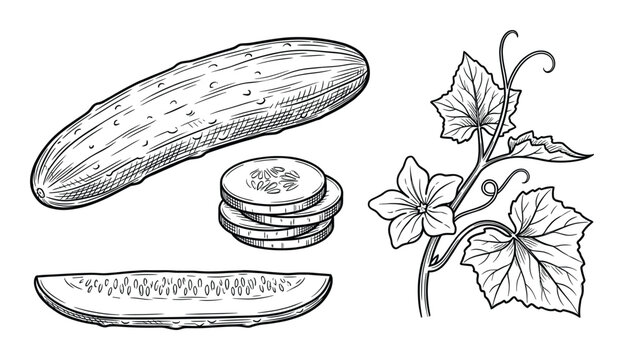 Cucumber vegetable set with whole fruit and slices hand drawn botanical sketch isolated illustration
