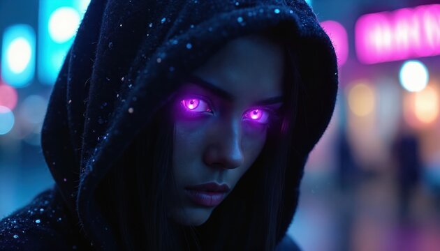 Woman with glowing purple eyes in dark hooded jacket at night city street. Neon lights blur in background. Mysterious female face, sharp gaze, digital art style, wet texture.