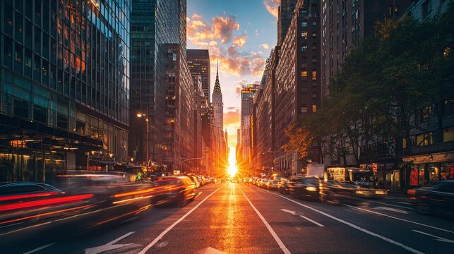 City street at sunset with traffic.