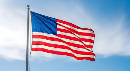 Obraz premium The american flag waves proudly in the breeze against a bright blue sky with soft white clouds behind it