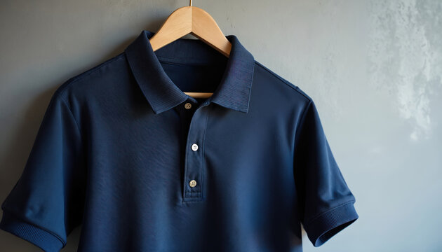 Navy blue polo shirt hangs on wooden hanger. Short sleeve apparel has ribbed collar and cuffs. Clean casual garment presented on grey backdrop. Menswear style.