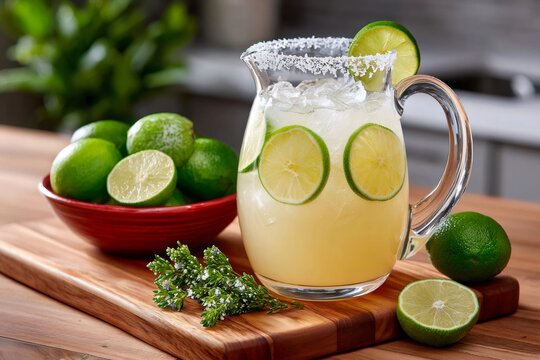 Margarita pitcher filled with ice, lime, and salt rim