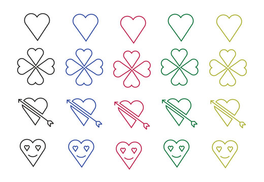 Collection of colorful heart and four leaf clover icons