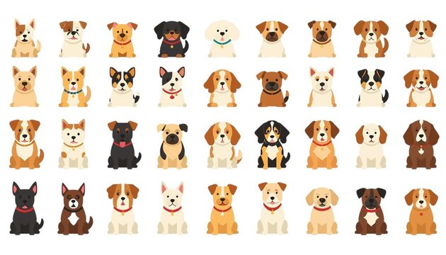 The image is a vibrant and cheerful illustration featuring a grid of 32 different cartoon dogs, each presented as a distinct character.