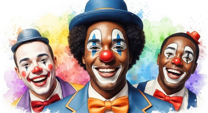 Group of three cheerful clowns in colorful suits and hats smiling and laughing against a, abstract paint splash background, face paint