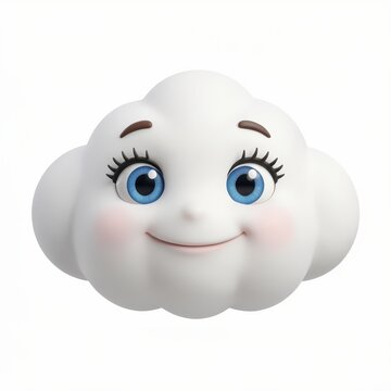 Cute Cloud Character with Smiling Face and Blue Eyes on White Background