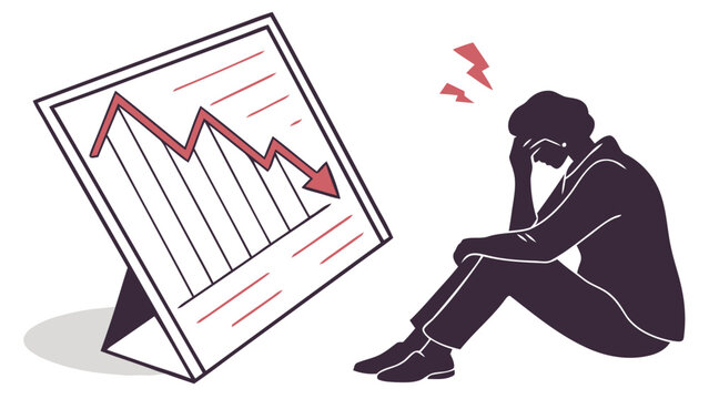 Sad person sitting beside a falling graph chart with a downward trend feeling stressed or depressed concerned about financial loss or failure