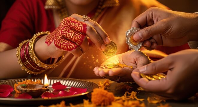 Hands lighting diya during traditional hindu ritual