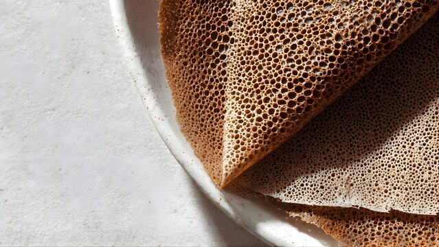 close up of porous ethiopian injera sourdough flatbread on a plate