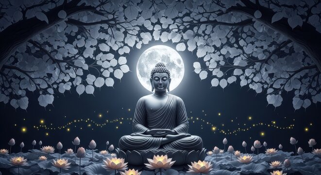 3d buddha meditating in glowing cave with lotus flowers