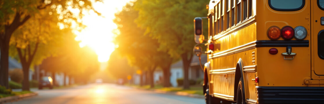 Yellow school bus stops on quiet residential street at sunrise. Golden sunlight shines through trees on an autumn morning. Children anticipation begins journey to school.