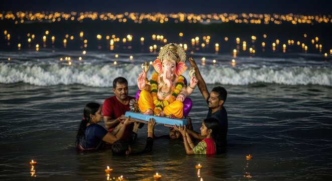 family celebrating ganesh visarjan at night by river