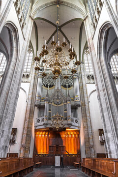 Domkerk organ and interior structure in Utrecht, Netherlands.