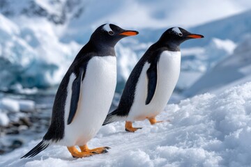 Fototapeta premium Gentoo penguins standing on snow in Antarctica habitat