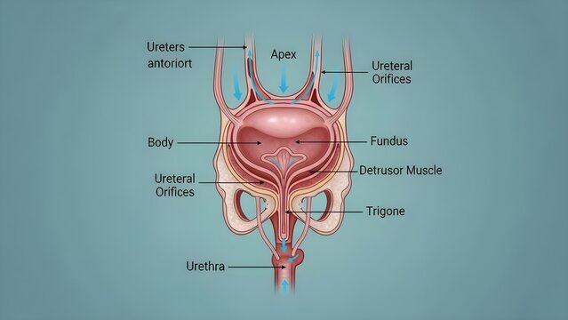 Frontal cross‑section of the urinary bladder showing apex, body, fundus, detrusor muscle, trigone and ureteral orifices with urethral outlet, demonstrating regions involved in urine storage, sphincter
