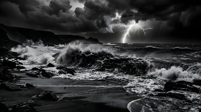 Dramatic black and white photograph of a powerful lightning storm over a turbulent ocean with crashing waves on a rocky coastline.