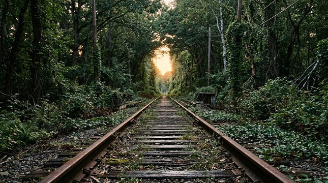 Symmetrical vanishing point down the center of abandoned rusted railway tracks leading toward a glowing horizon deep within urban forests.