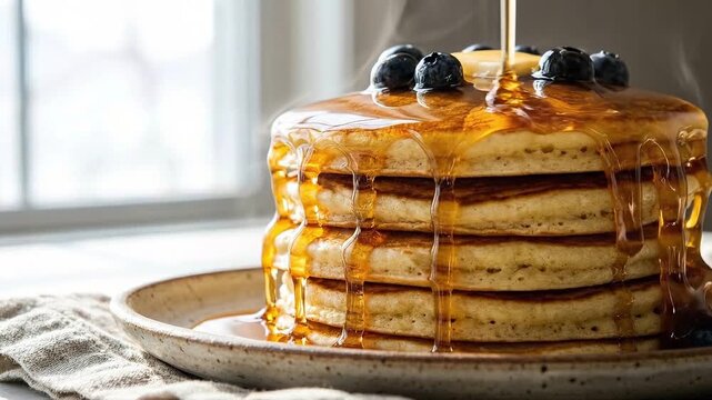 Delicious pancakes with maple syrup kitchen food photography cozy atmosphere close-up