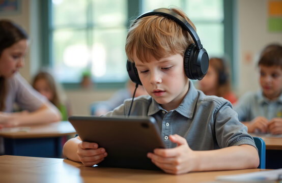 Boy wears headphones uses tablet in classroom. Other students learn at desks. Child concentrates on digital learning tool. Modern education in school.