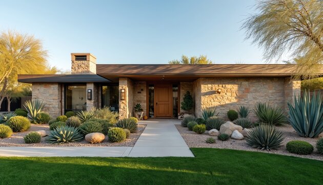 Modern ranch home with stone facade sits in desert landscaping, green lawn. Features include wooden door, chimney, ample windows. Architectural design emphasizes clean lines, natural elements,