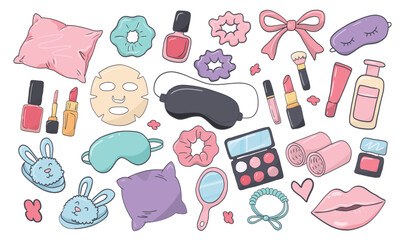 Pajama day slumber party sleeping doodle hand drawn set with beauty routine and self care items for girls night, spa © EvgeniiasArt