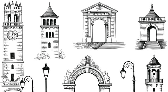 Vintage architectural elements collection, historic towers arches and street lamps, detailed hand drawn line art illustration, classical design set
