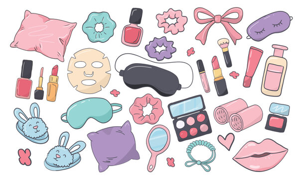 Pajama day slumber party sleeping doodle hand drawn set with beauty routine and self care items for girls night, spa