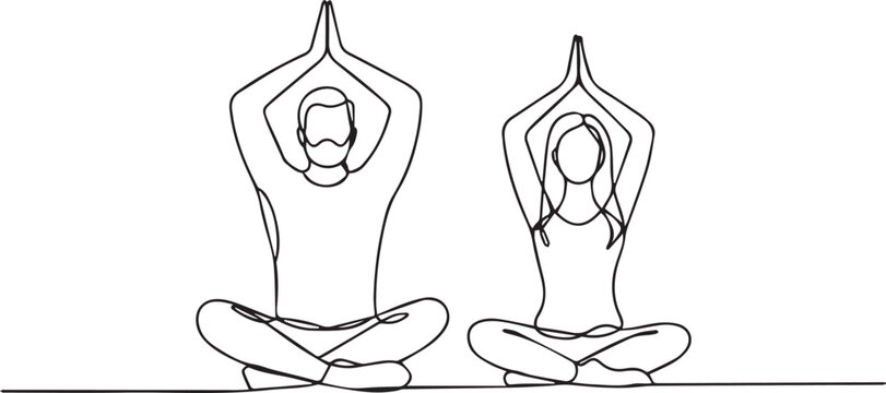 Couple Doing Yoga and Meditation in Continuous Line Art - Minimalist Man and Woman Practicing Zen and Mindfulness Vector Illustration.