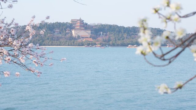 Spring Landscape of Kunming Lake with Peach Blossoms at West Causeway, Summer Palace, Beijing