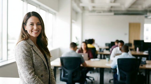 Portrait of a smiling woman with short hair working in a busy modern open-plan office